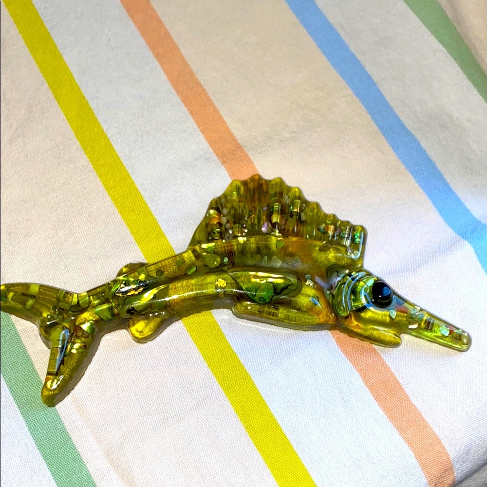 Vintage green Lucite MCM swordfish, abalone shell art